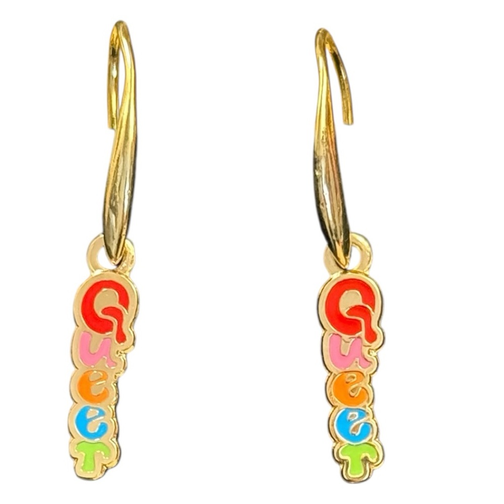 NWOT RAINBOW CLOISONNE QUEER 18K GOLD-GILT DROP EARRINGS.